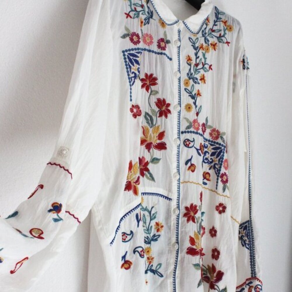 Johnny Was Zodea Almeria Button Front Top, Embroidered, Boho Chic